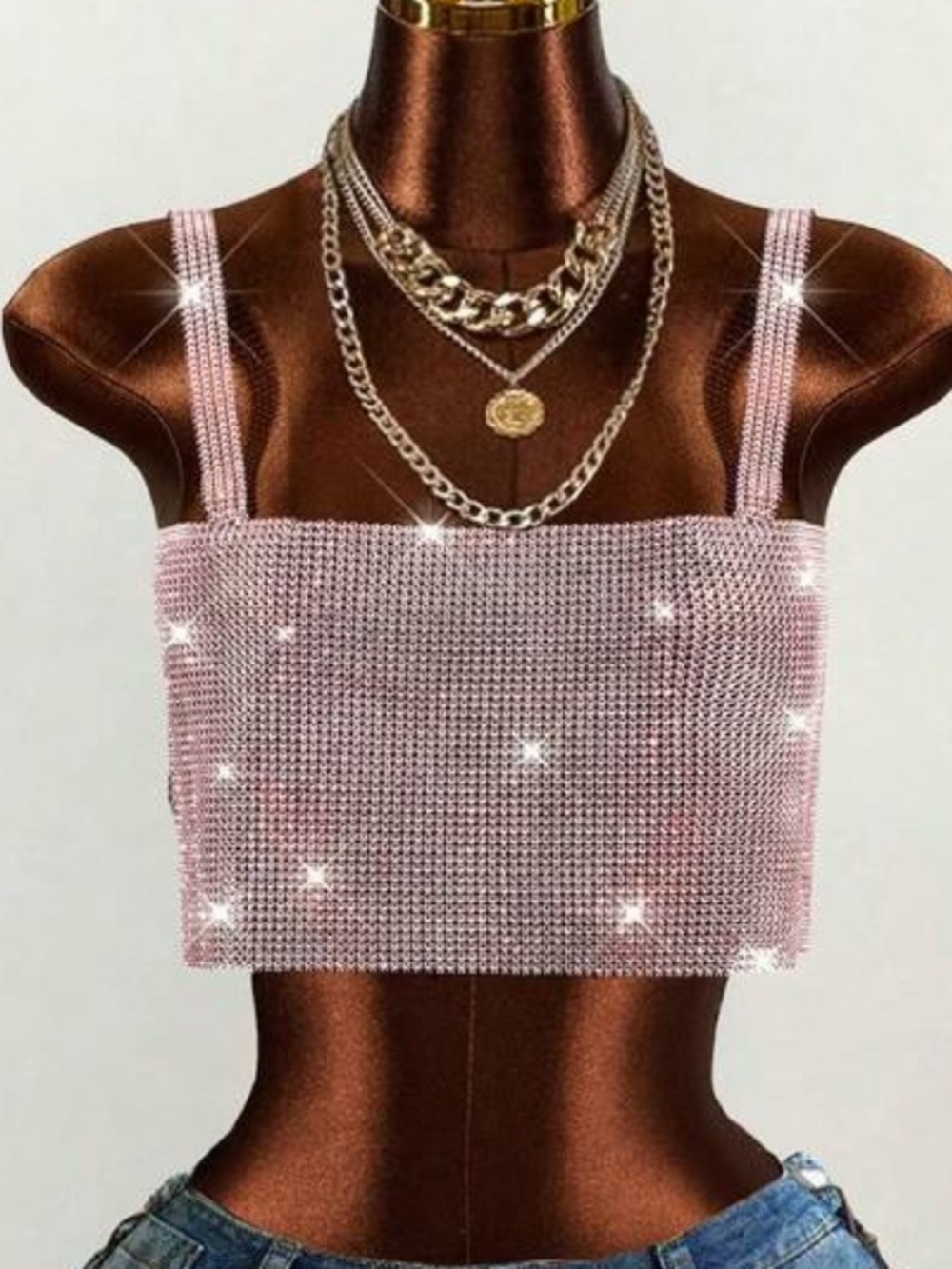 NWOT Pink Rhinestone Mesh Crop Cami Top